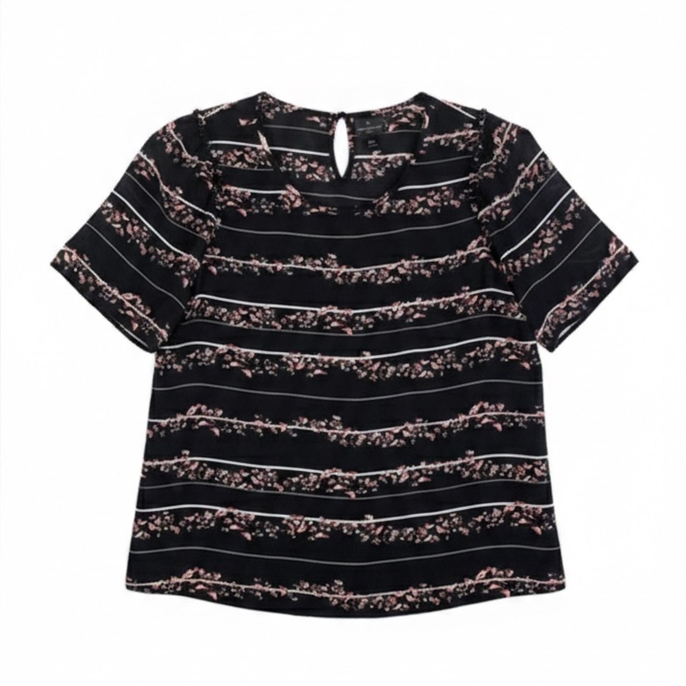 Worthington Petites Women’s PXL Black Floral Stripe Short Sleeve Blouse